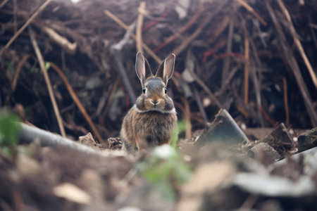 Rabbit in the nature. Wild rabbit in the forest. Animal in the nature.の素材