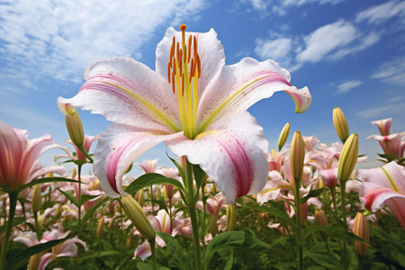 Pink lily flower with blue sky and white clouds on the backgroundの素材