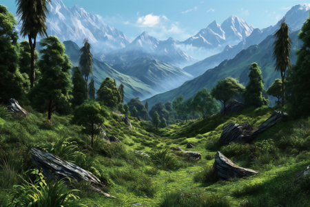 Beautiful mountain landscape with green grass and trees.の素材