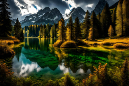 Fantastic panoramic view of the lake. Dramatic and picturesque scene. Location place Dolomites, South Tyrol, Italy, Europe. Artistic picture. Beauty world.の素材