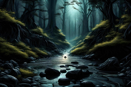 Fantasy landscape with dark forest and river.の素材