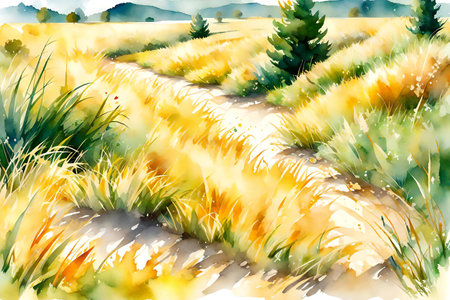 Watercolor illustration of a rural road through the field. Digital painting.の素材