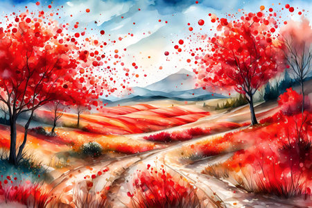 Autumn landscape with red trees and road. Watercolor painting.の素材