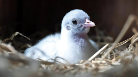 Cute baby chicken in a nest. Selective focus on the chickの素材