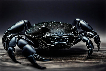 Close up of a black crab on a wooden surface with water dropsの素材