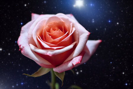 Beautiful pink rose on the background of the starry sky.の素材