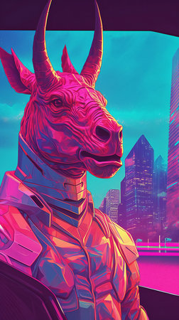 Digital illustration of a bull head in a futuristic city.の素材