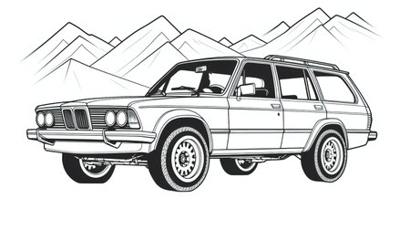 Vintage car on the background of mountains in the style of engravingの素材
