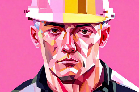 Contemporary art collage. Portrait of a man in a hardhat and a hardhat.の素材