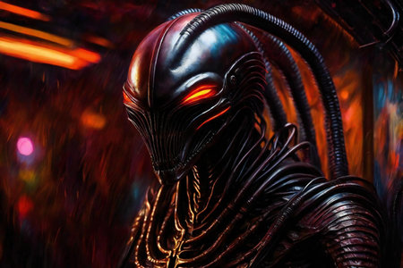 a fantasy alien in a dark space with lightsの素材