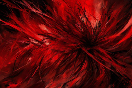 Red feathers on a black background. Texture of feathers for design.の素材