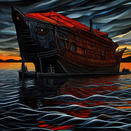 Old ship in the sea at sunset. Digital painting. Illustration.の素材