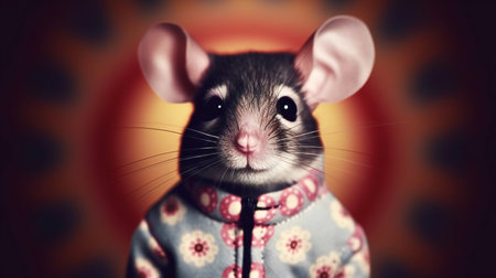 Cute little rat in winter clothes on a background of the sunの素材