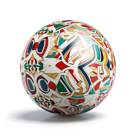 Abstract sphere made of colorful ceramic tiles isolated on white background.の素材