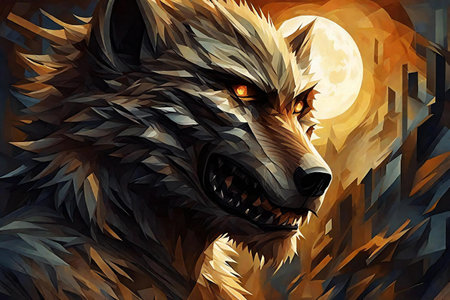 Illustration of a wolf in front of a full moon.の素材