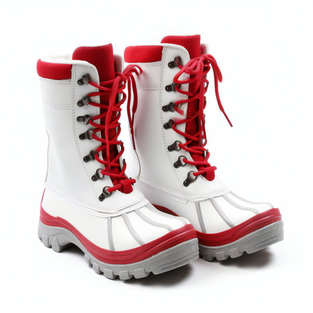 Red winter boots isolated on white background.の素材
