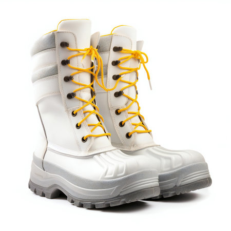 Pair of white hiking boots isolated on white backgroundの素材