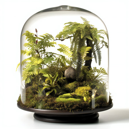 Glass florarium with ferns and plants on white backgroundの素材