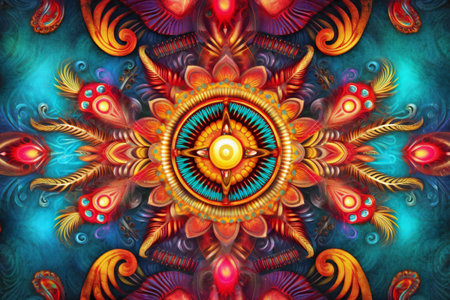 Colorful mandala on abstract background. Psychedelic digital painting.の素材