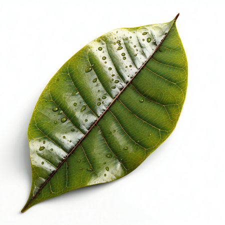 Green leaf with water drops isolated on white background,の素材