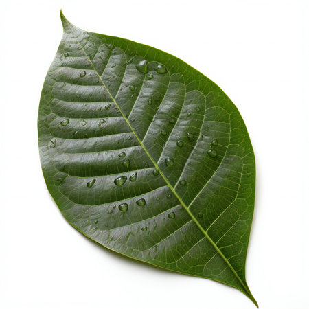 Green leaf with water drops isolated on white background,の素材