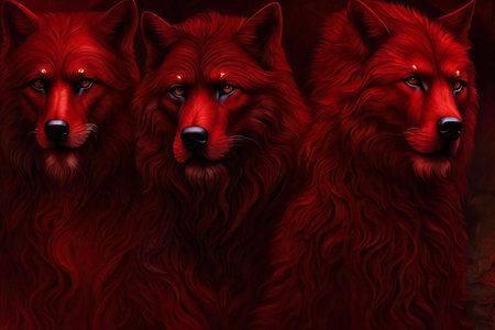 Three red wolf heads on a dark background.の素材