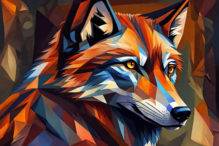 Digital painting of a wolf head in a low poly style.の素材