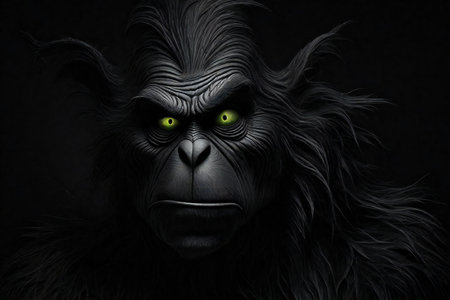 Black gorilla with green eyes on a black background.の素材