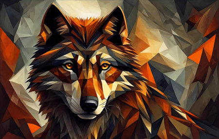 Illustration of a wolf head in low poly style. Geometric background.の素材