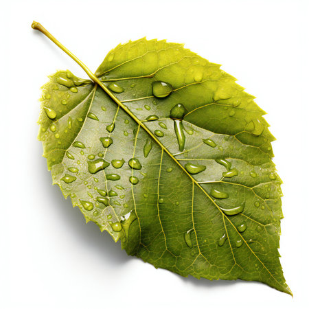 Green leaf with water drops isolated on white background. Close up.の素材