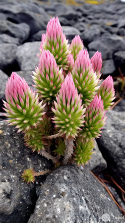Flowering succulent plant on a lava rock in the Galapagos Islandsの素材
