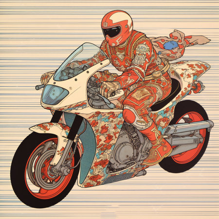 Cyborg on a motorcycle. illustration of a motorcycle with a rider.の素材