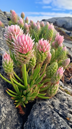Pink flowers of succulent plant (Protea) on the rocksの素材