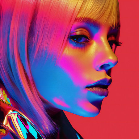 Fashion portrait of a futuristic woman in neon light.の素材