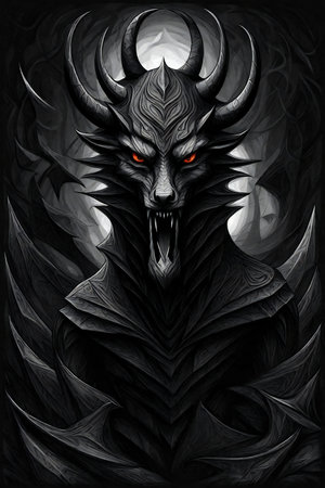 Dragon head with black and white pattern on black background. Fantasy illustrationの素材