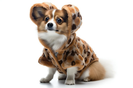 cute puppy chihuahua in a dressing gown isolated on white backgroundの素材
