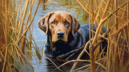 Labrador Retriever swimming in the lake with reeds.の素材