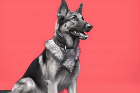 German shepherd dog sitting on a red background.の素材