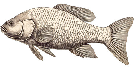 3D rendering of a carp fish isolated on a white background.の素材
