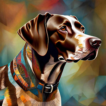 Portrait of a labrador retriever dog with a multicolored backgroundの素材