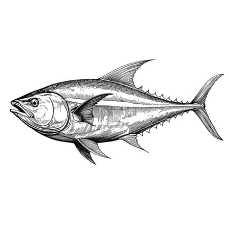 Tuna fish sketch illustration. Hand drawn tuna fish isolated on white backgroundの素材