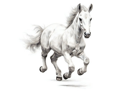 White horse galloping isolated on white background. Watercolor illustration.の素材