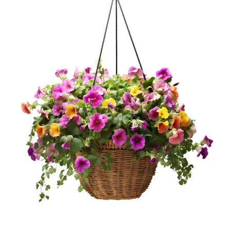 Colorful pansy flowers in a basket isolated on white background.の素材