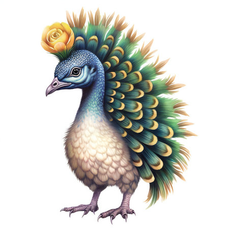 Peacock with a flower in its beak.の素材