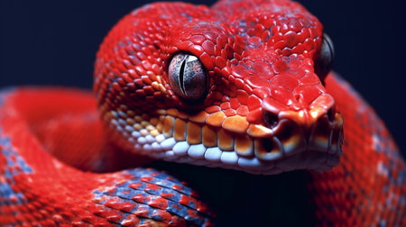 Close-up portrait of a red snake on a dark background.の素材