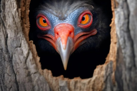 Close up shot of a vulture looking out of a hole in a treeの素材
