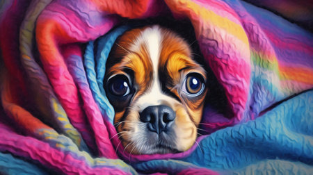 Cavalier King Charles Spaniel puppy in a colorful blanket.の素材