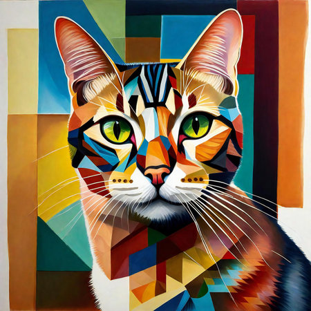 Colorful illustration of a cat with multicolored abstract background.の素材