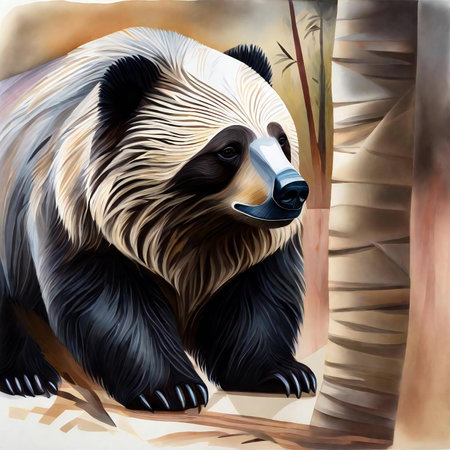 Digital painting of a giant panda bear in a bamboo forest.の素材