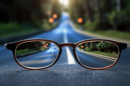 Eyeglasses on the road in the evening.の素材